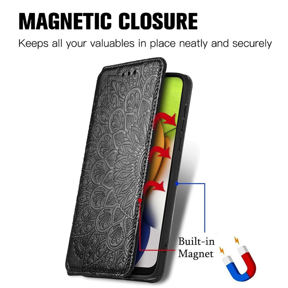 Schwarze Handyhülle mit Telefon darin. Text zeigt Magnetverschluss an.