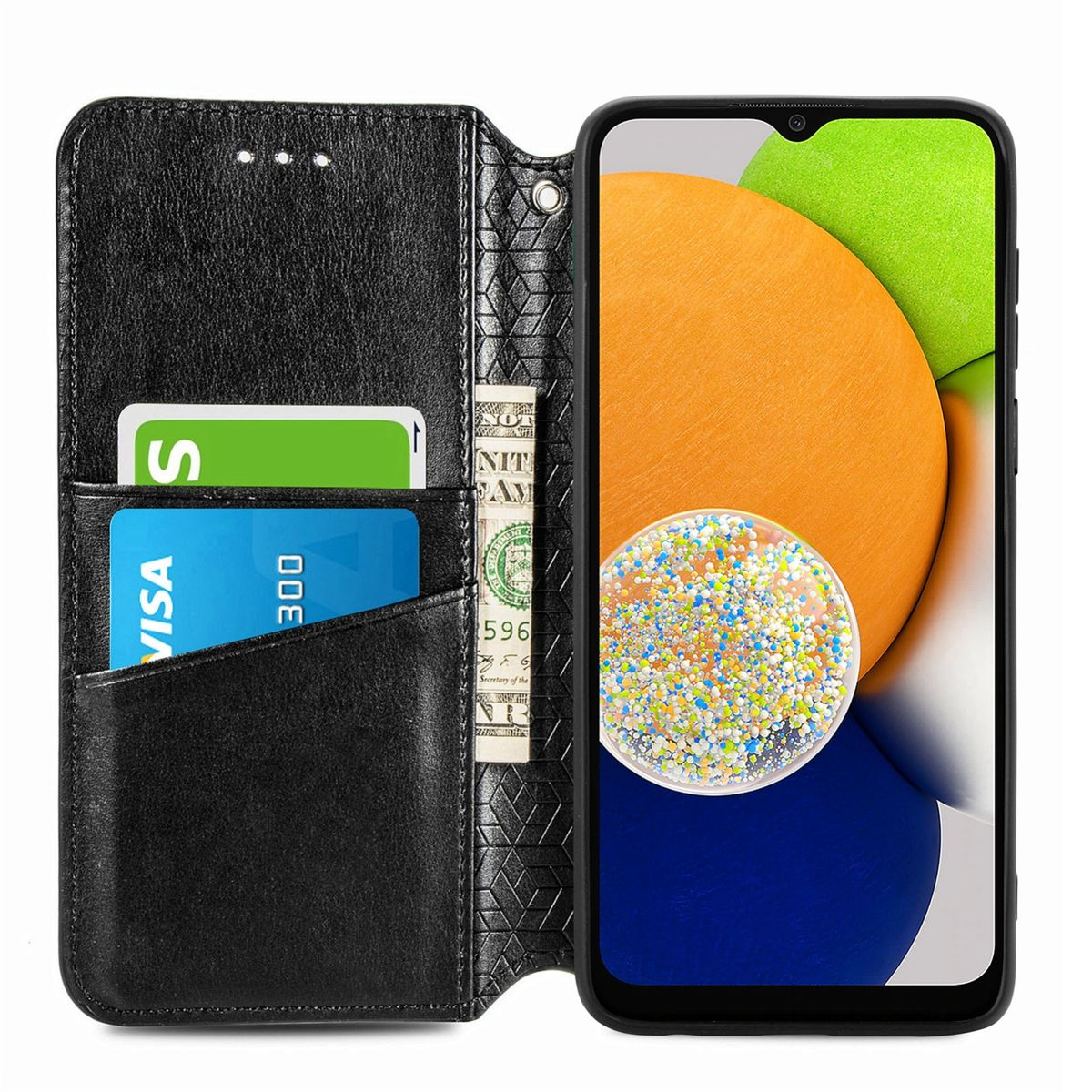 Schwarze Handyhülle. Geöffnet, mit Karten, Geld und Telefon. Das Telefon hat einen orange-blauen Hintergrund.