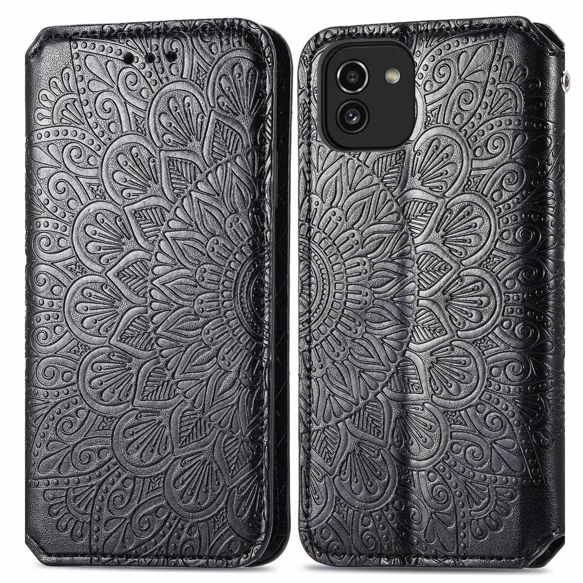 Schwarze Handyhülle mit detailliertem Blumenmuster. Die Kamera des Telefons ist rechts sichtbar.