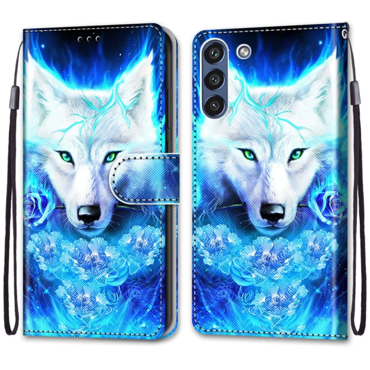 Ein Telefoncase mit Wolfdesign in Blautönen, offen, um das Telefon zu zeigen. Blumen- und Feuereffekt-Details.