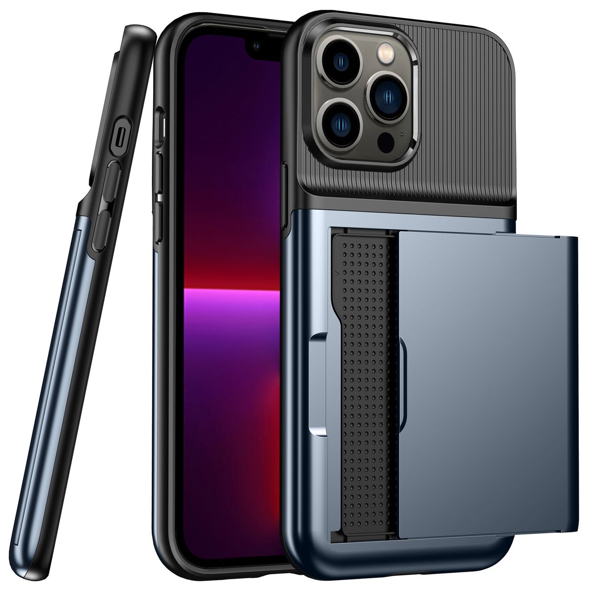Blaue und schwarze Handyhülle. Die Handyhülle ist offen und ein Telefon befindet sich darin.