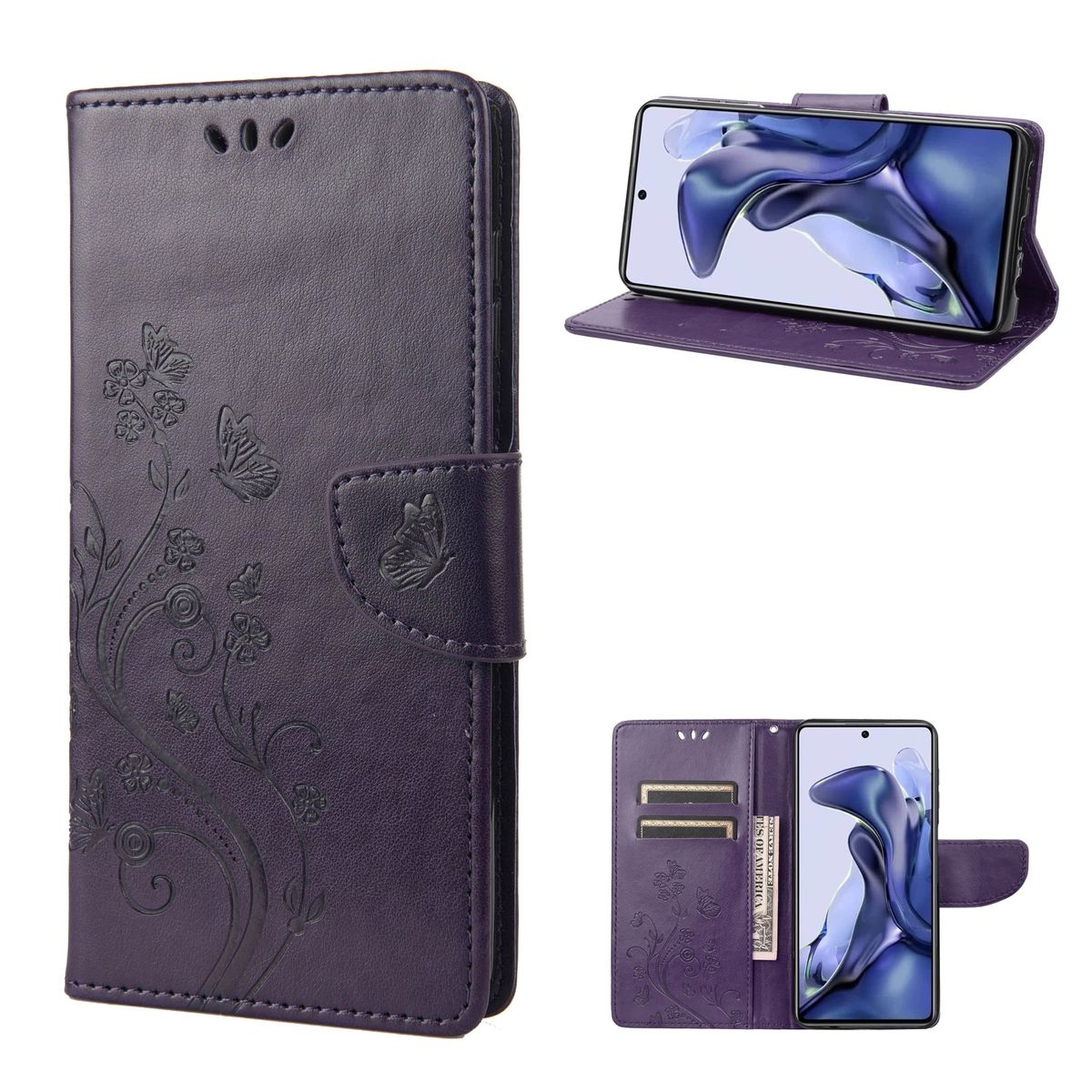 Lila Handyhülle mit Blumendesign. Zeigt Telefon in Hülle und offen, mit Kartenfächern.
