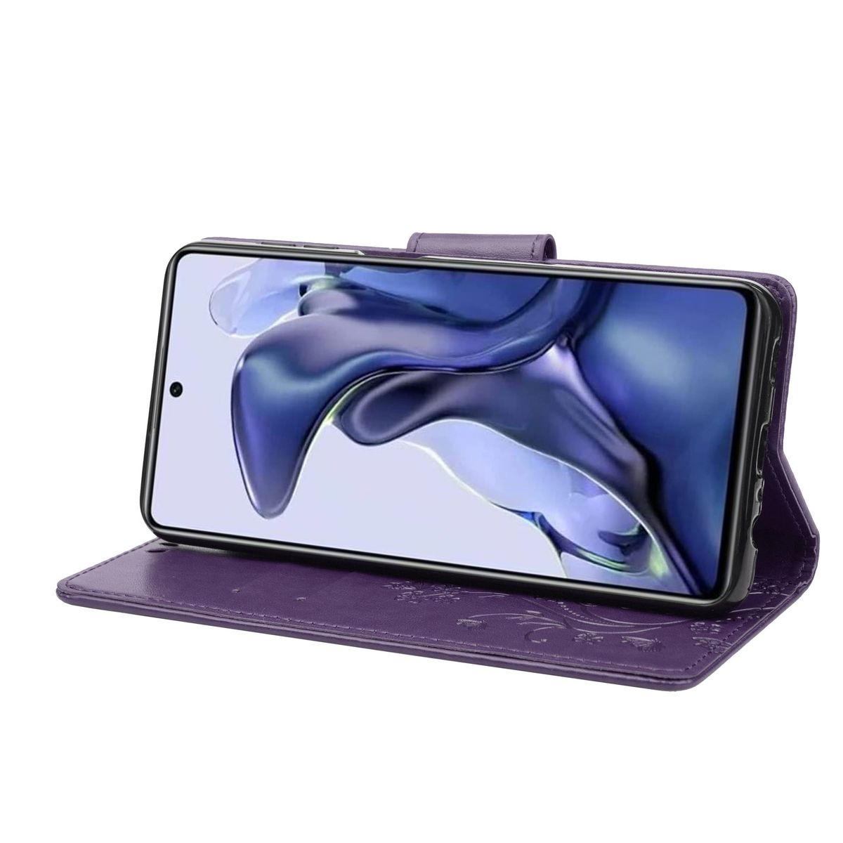 Lila Handyhülle, geöffnet, um ein Telefon zu zeigen. Das Telefon ist eingeschaltet. Die Hülle hat Blumendesigns.