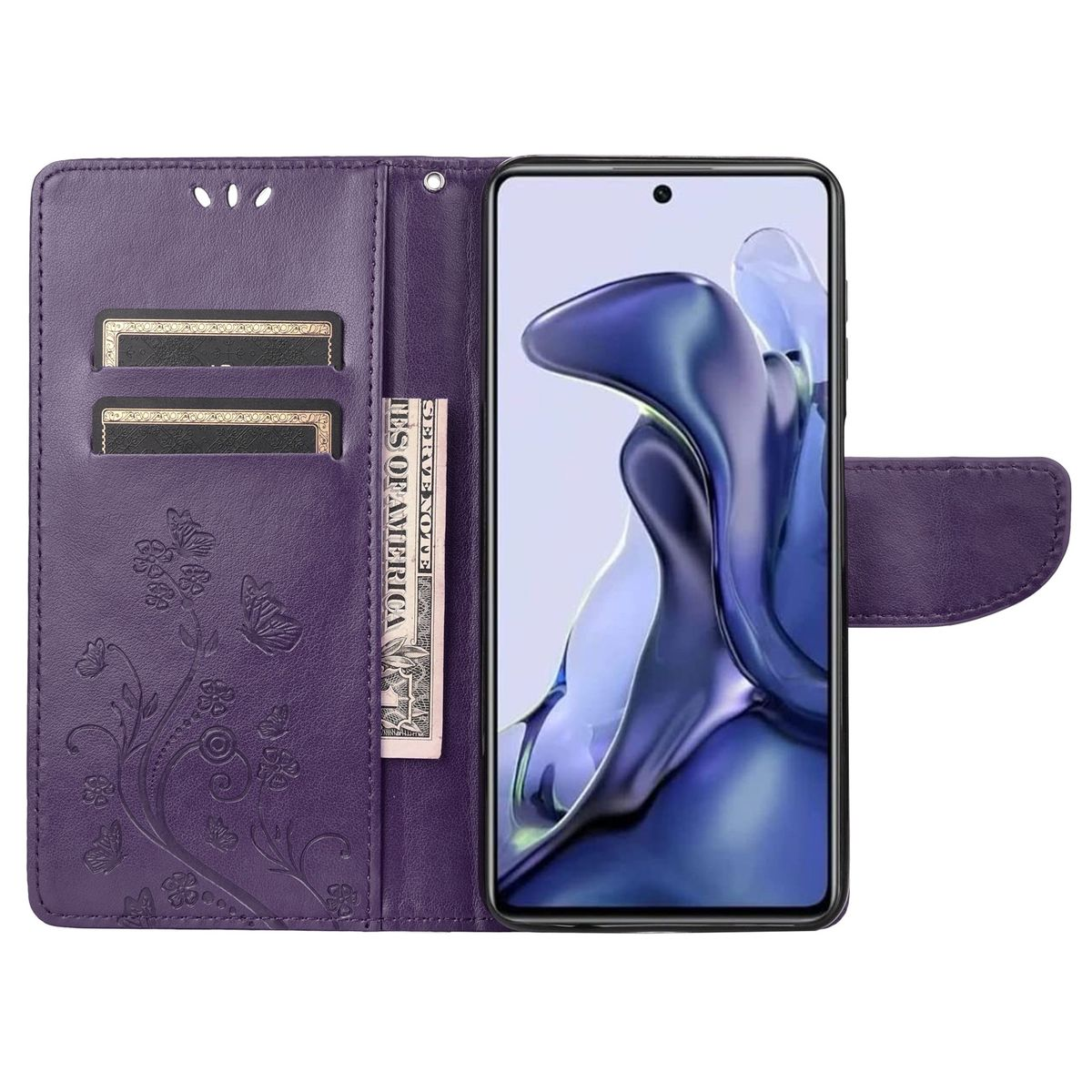 Lila Handyhülle, offen, mit Telefon und Dollarnote. Mit Blumendesign und Kartenfächern.