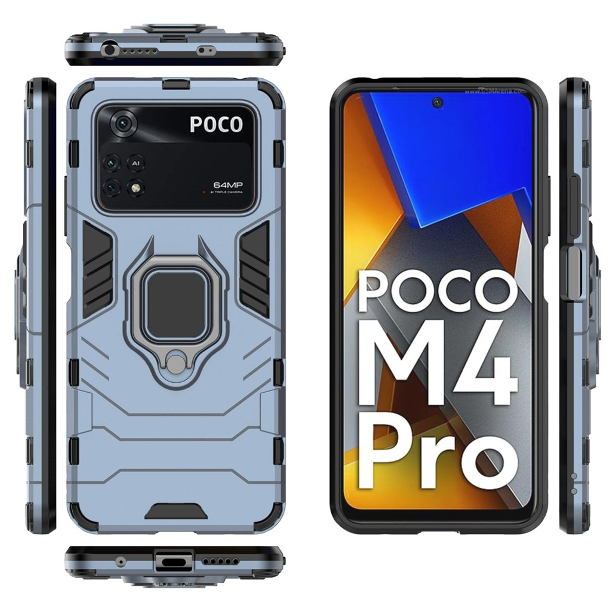 Handyhülle mit Telefon darin. Mehrere Ansichten. Text POCO M4 Pro. Blaues und graues Farbschema.