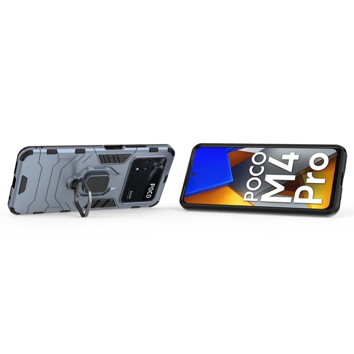 Zwei graue Handyhüllen. Eine liegt mit Ständer, die andere zeigt Bildschirm mit 'POCO M4 Pro'.