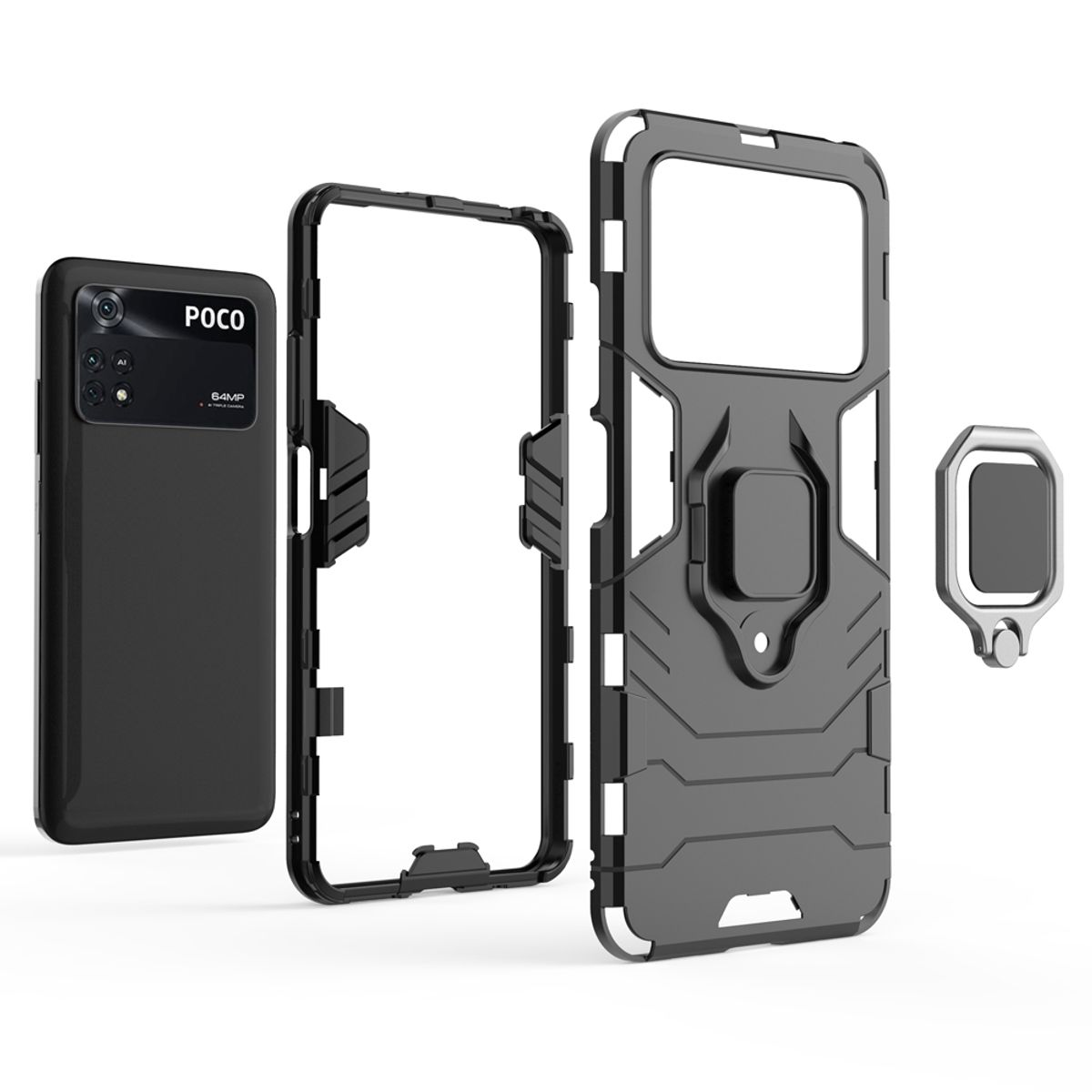 Schwarze Handyhülle und Handy; Hintergrund: weiß. Hülle hat Ringhalter und Schutzfunktionen.