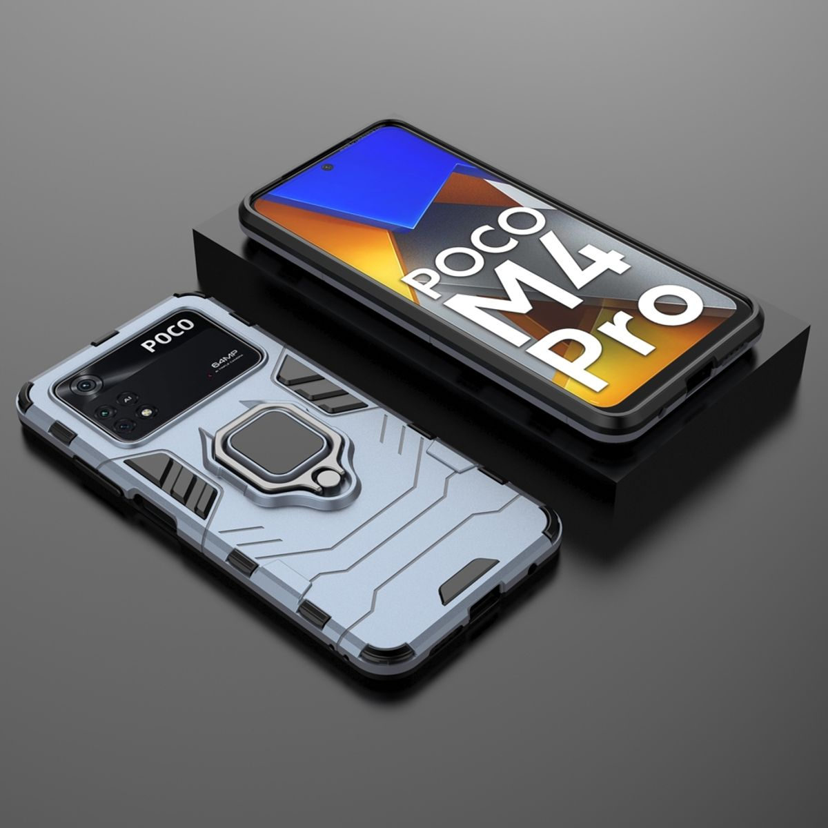 Graue und schwarze Handyhülle mit einem POCO M4 Pro Telefon darin.