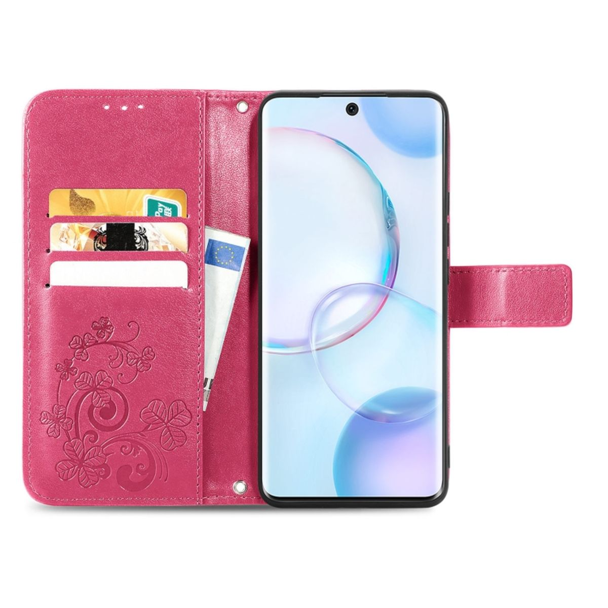 Rosa Handyhülle, offen, mit Kartenfächern und einem Telefon, das ein abstraktes Bild zeigt.