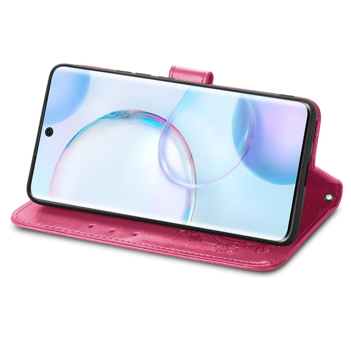 Rosa Handyhülle, offen, mit einem Telefon darin. Weißer Hintergrund.