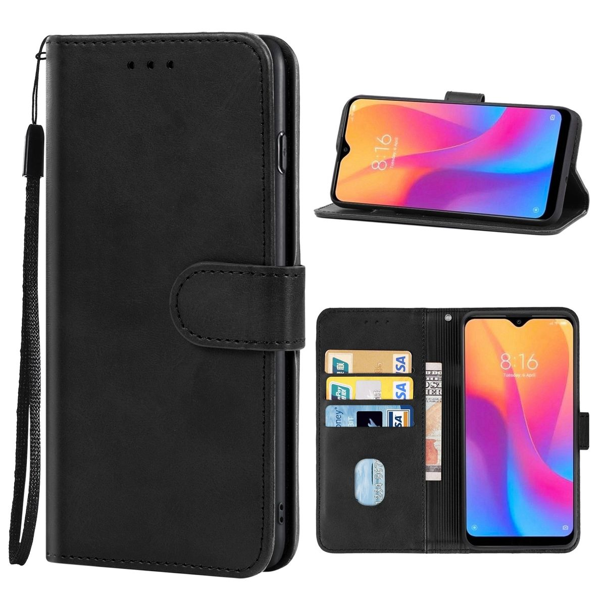 Schwarze Handyhülle mit einem Telefon, Kreditkartenfächern und einem Riemen.