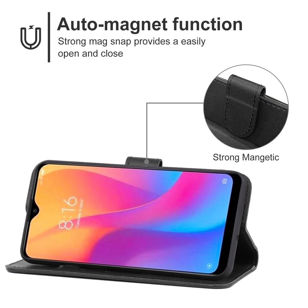 Schwarze Handyhülle offen, hält ein Telefon. Das Telefon hat einen bunten Bildschirm.