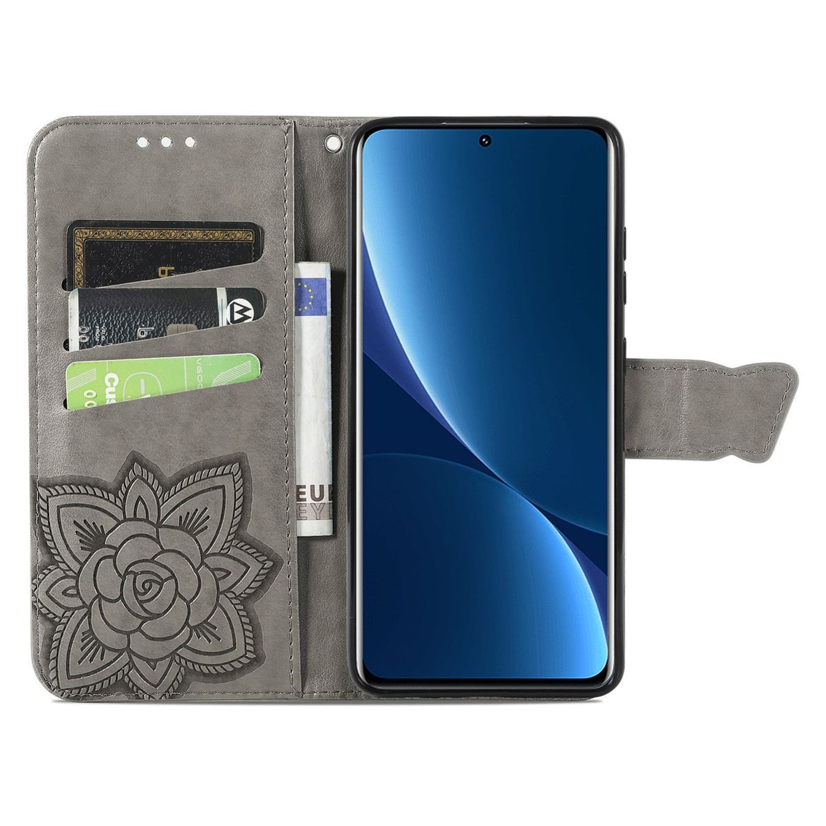 Graue Brieftaschen-Handyhülle mit Telefon. Mit Kartenfächern und Blumendesign.