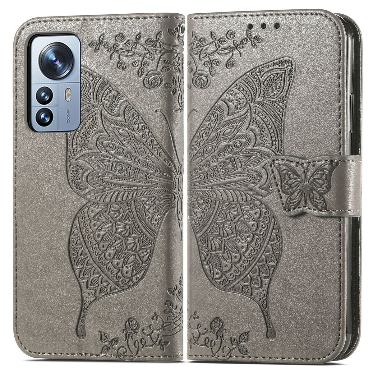 Graue Handyhülle mit Schmetterlingsdesign. Die Hülle ist offen und zeigt die Kamera des Telefons.