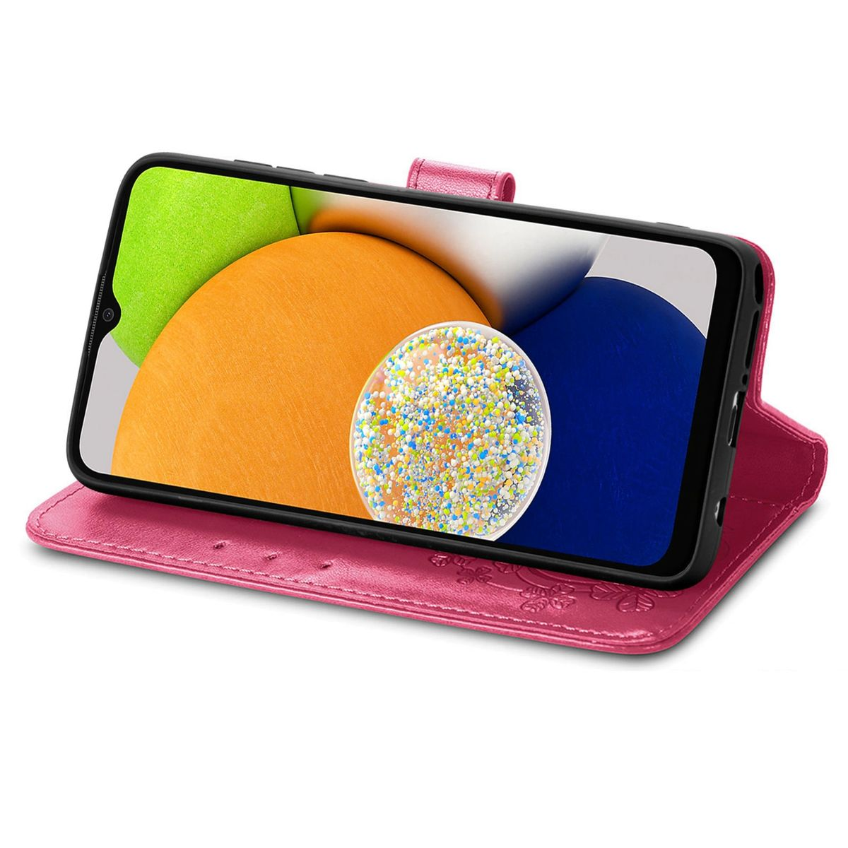Telefon in rosa Hülle, geöffnet, um den Bildschirm mit einem farbenfrohen, abstrakten Design anzuzeigen.