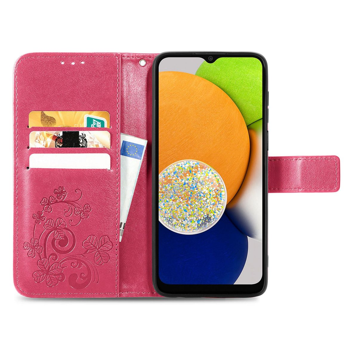 Rosa Handyhülle mit Telefon. Sie hat Kartenfächer und ein Blumendesign.