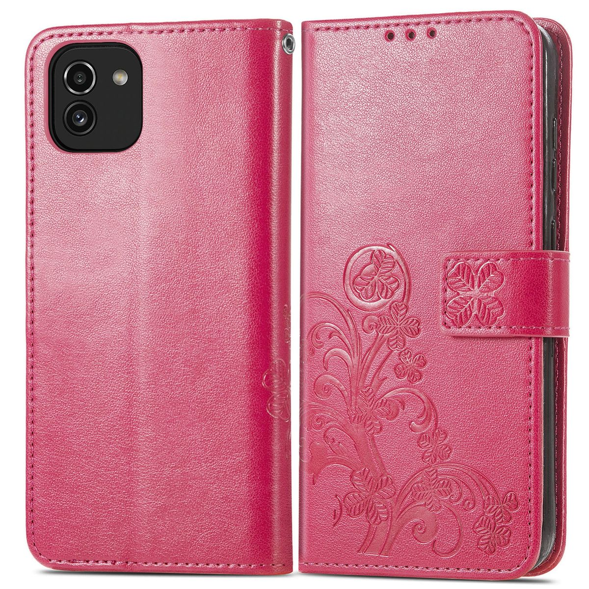 Pinke Handyhülle, florales Design, Telefon innen. Die Hülle ist geschlossen.