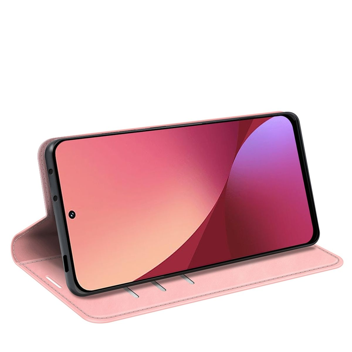 Rosa Handyhülle, offen, mit Telefon darin. Rosa, roter und violetter Bildschirm. Weißer Hintergrund.