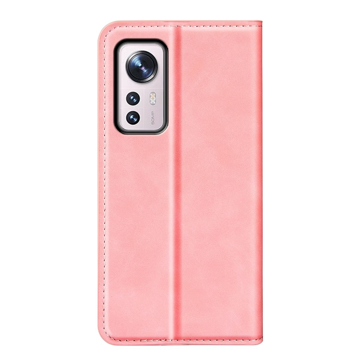 Rosa Handyhülle mit Telefon. Geschlossen, mit sichtbarer Kamera.