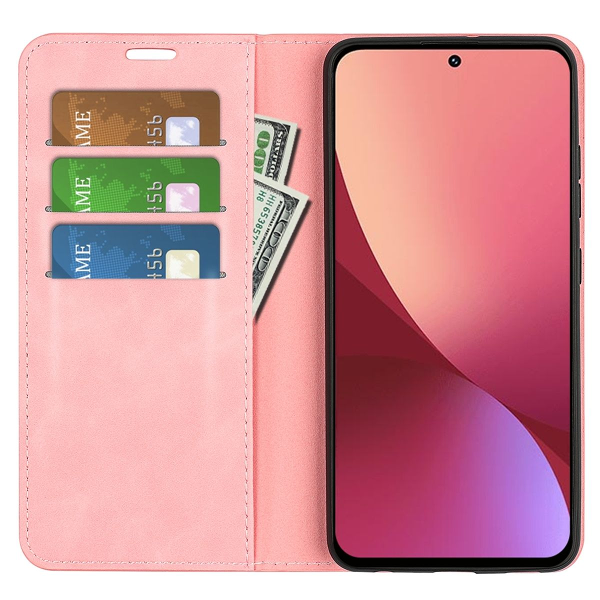 Rosa Handyhülle mit Karten und Geld. Telefon rechts, zeigt roten und lila Bildschirm.