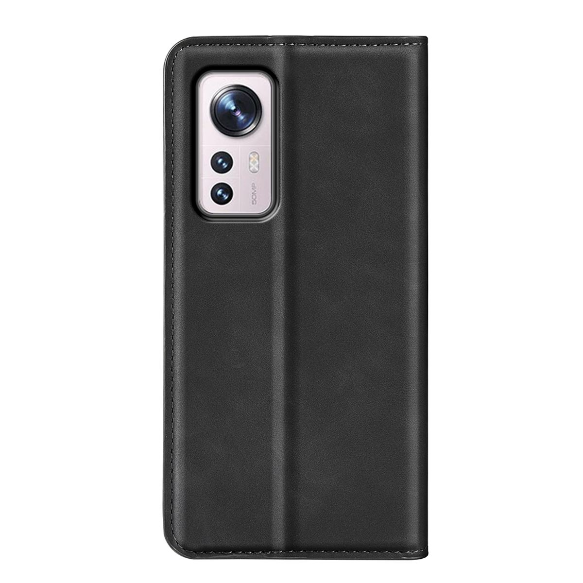 Schwarze Handyhülle mit Telefon, Kameradetails sichtbar. Weißer Hintergrund.