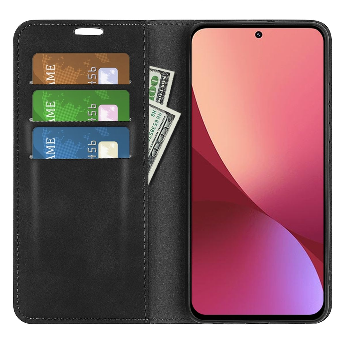 Schwarze Handyhülle geöffnet, mit Karten, Bargeld und Telefon. Der Hintergrund ist weiß.