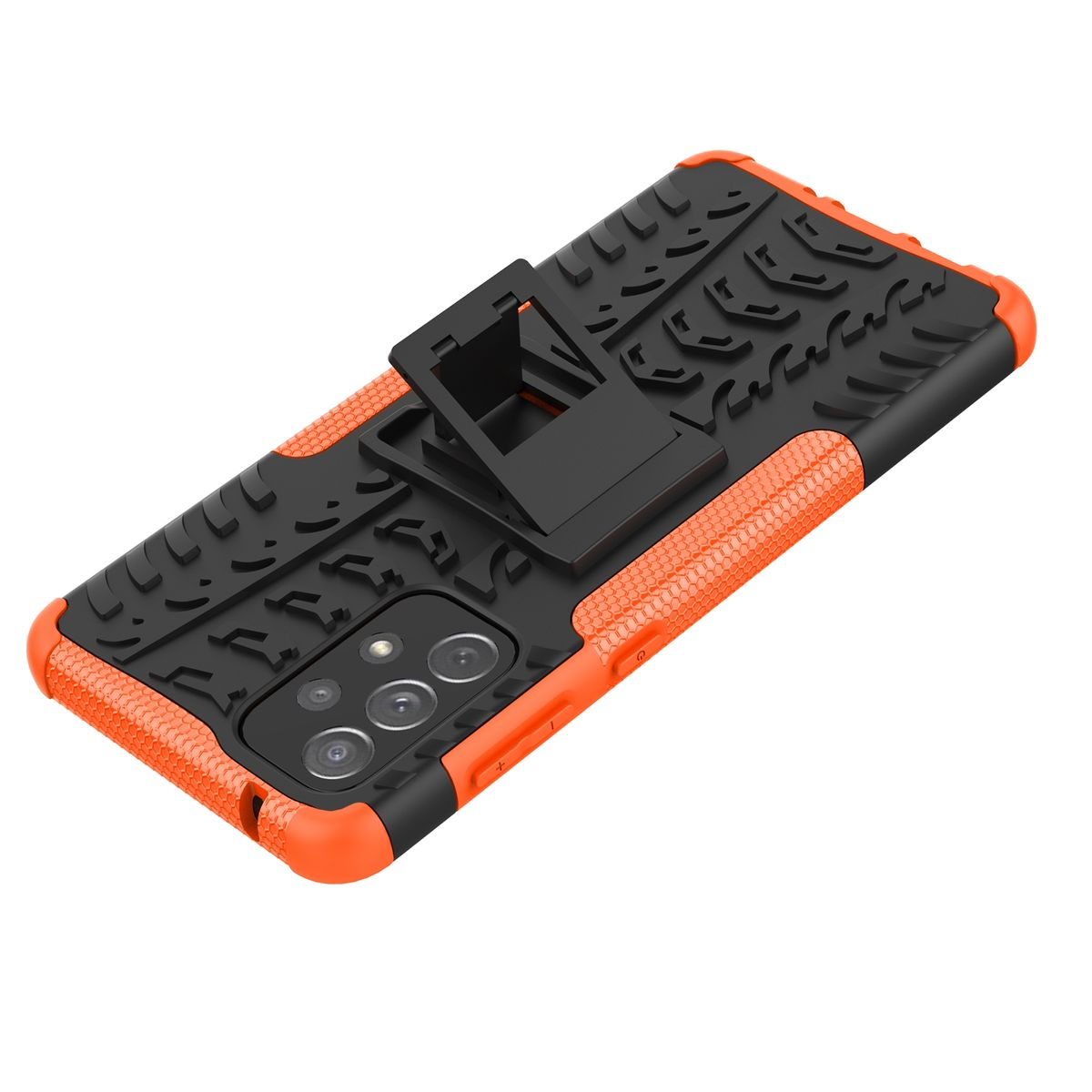 Orange und schwarze Handyhülle mit Ständer. Telefon hat drei Kameralinsen.