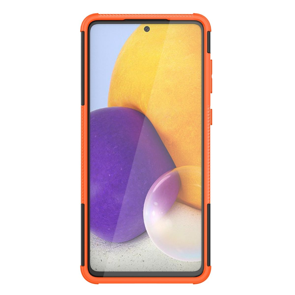 Eine orangefarbene Handyhülle mit schwarzen Akzenten um ein Telefon herum. Das Telefon zeigt einen bunten, abstrakten Hintergrund.