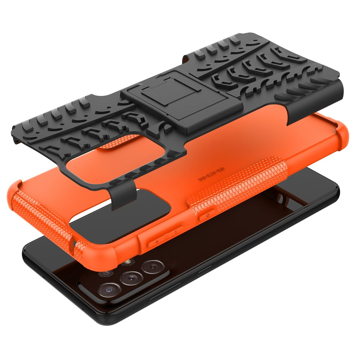 Orange und schwarze Handyhülle. Die Hülle ist geschichtet und zeigt die Schutzteile.