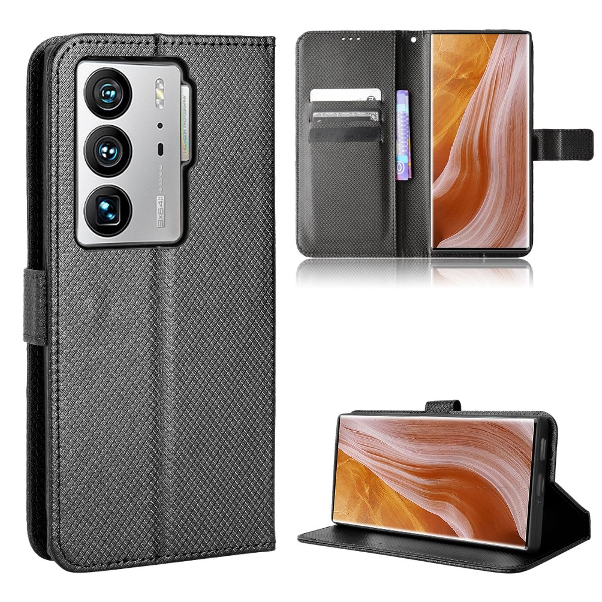 Schwarze Handyhülle mit Dreifachkamera und Telefon mit wellenförmigem Hintergrund.