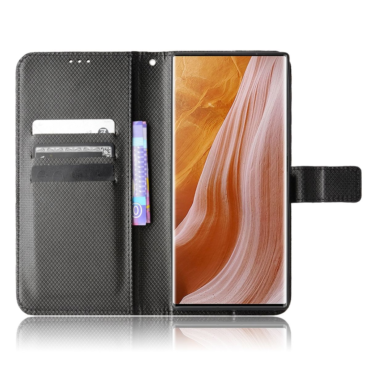 Geöffnete schwarze Handyhülle mit Telefon, Kartenfächern und Geld.