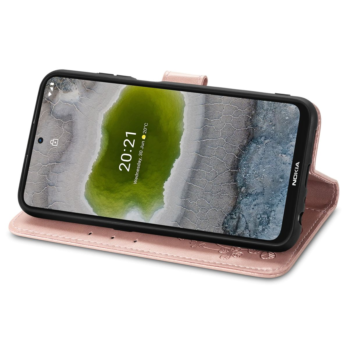 Rosa Handyhülle mit Telefon darin. Das Telefon zeigt die Uhrzeit.