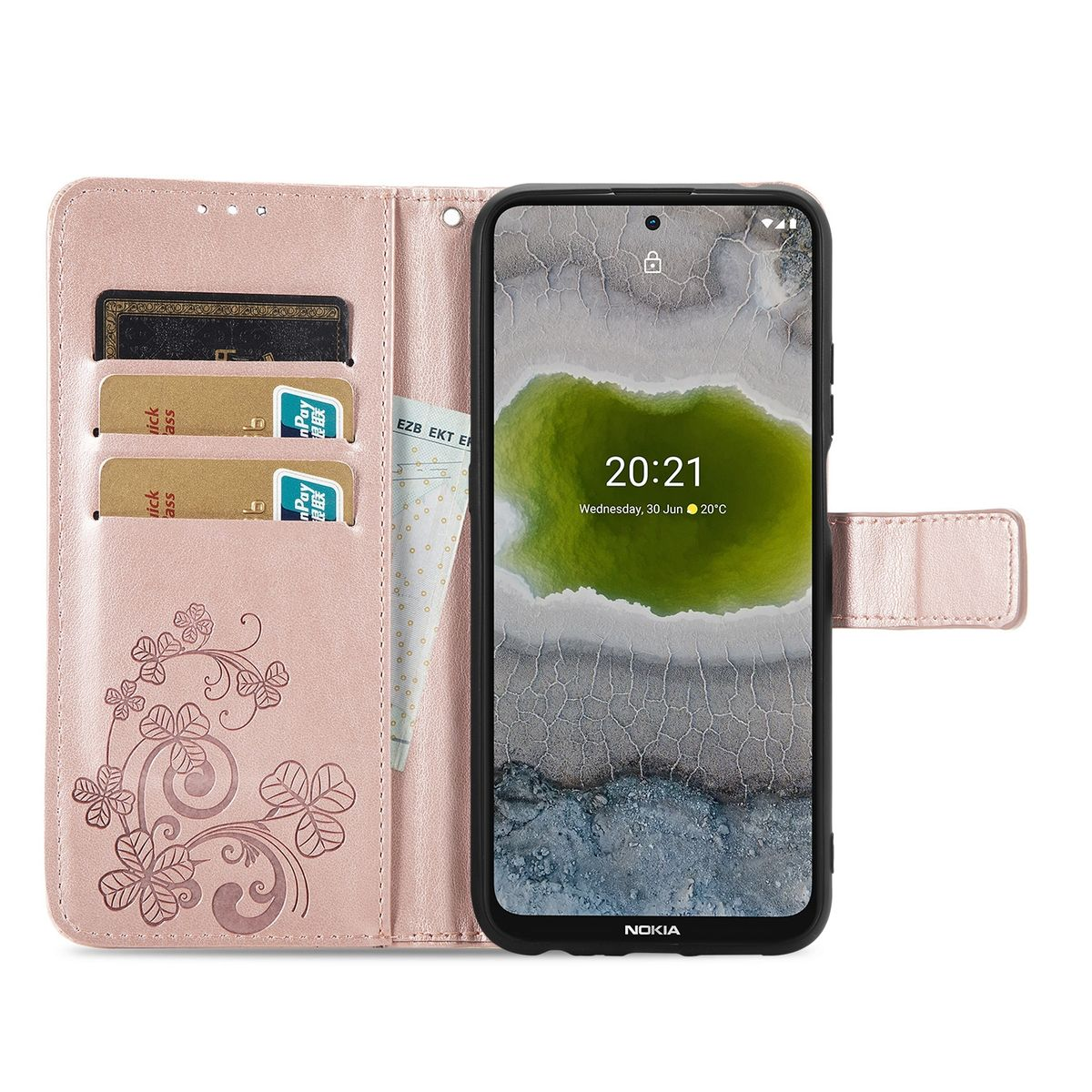 Rosa Handyhülle offen mit Telefon, Karten und Geld. Weißer Hintergrund.