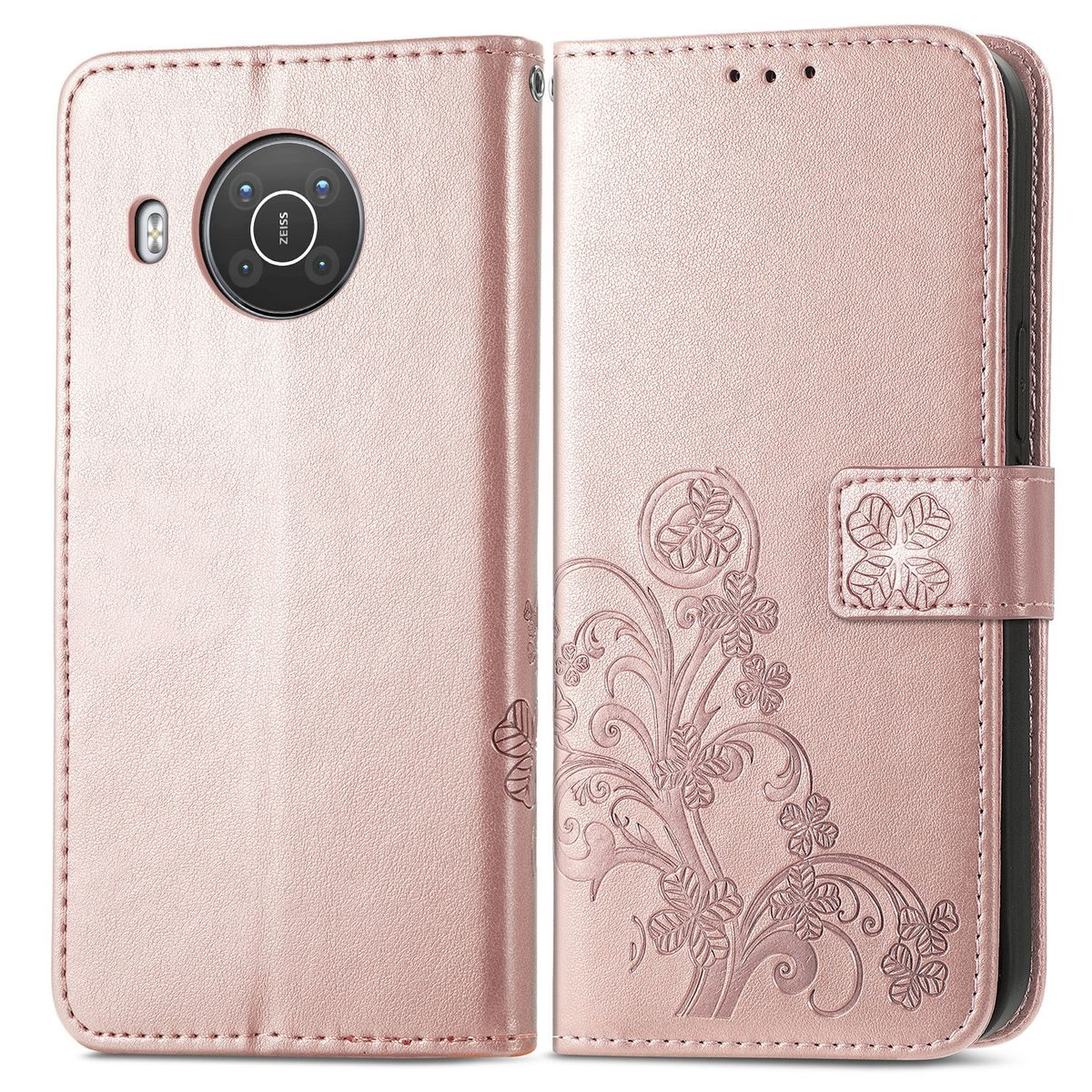 Eine rosa Handyhülle mit floralem Design, geöffnet. Das Telefon innen ist sichtbar, mit Kamera und Knöpfen.