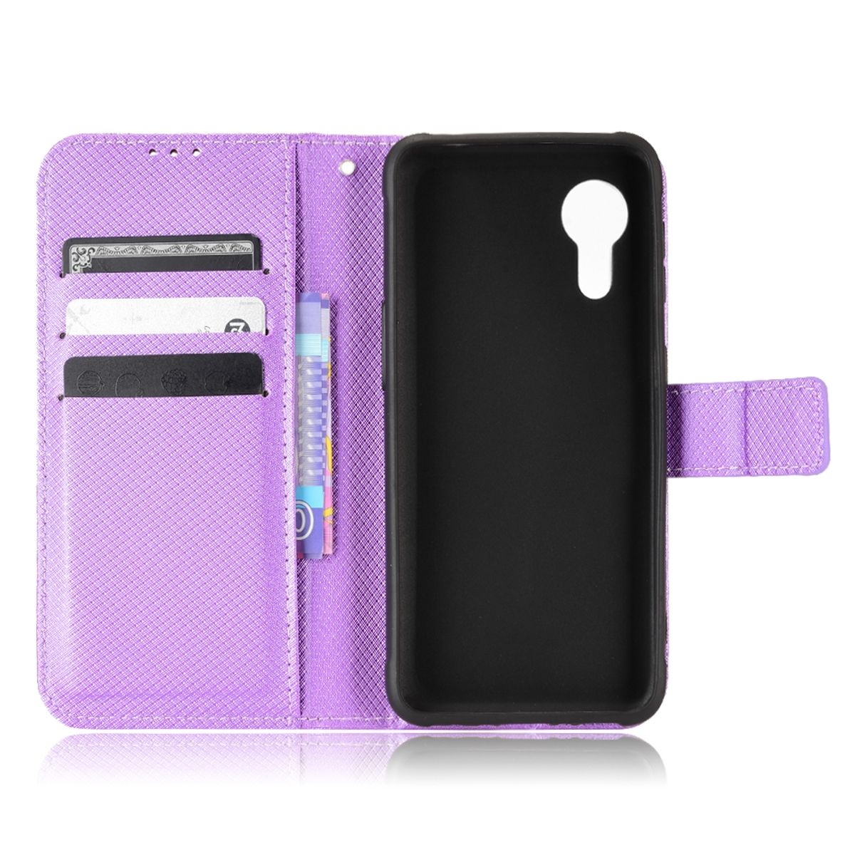 Lila Handyhülle offen, mit Karten, Stift und Telefonhalter.