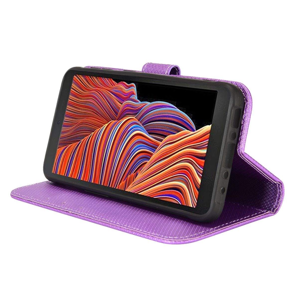 Geöffnete lila Handyhülle mit Telefon, das ein farbenfrohes Design auf dem Bildschirm zeigt.