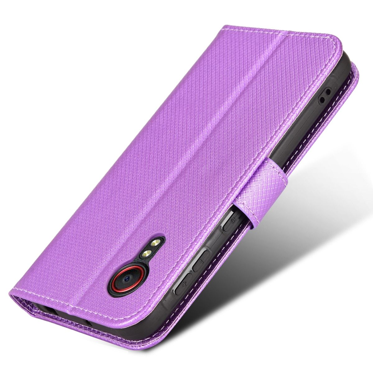 Lila Handyhülle. Telefon im Inneren, mit Seitentasten. Hintergrund: weiß.