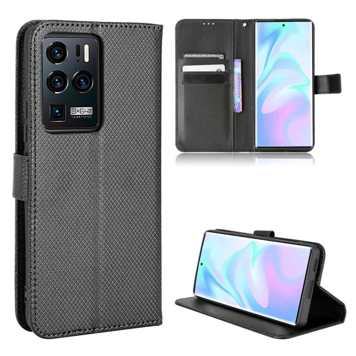 Schwarze Handyhülle mit mehreren Kameras. Zusätzliche Ansichten zeigen das Telefon im Inneren und Kartenfächer.