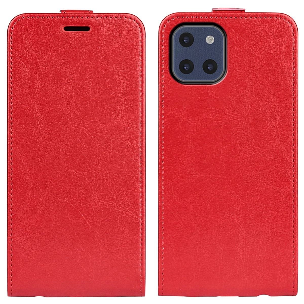 Rote Handyhülle. Einfaches Design. Telefonbildschirm sichtbar. Beide Seiten sind sichtbar. Hülle ist geschlossen.