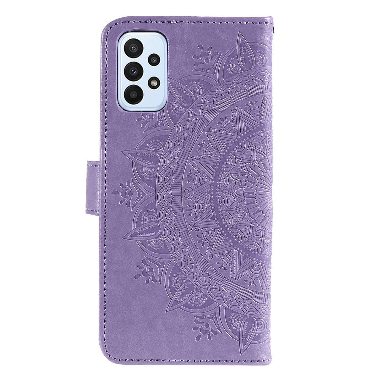 Lila Handyhülle mit Mandala-Design. Handyhülle ist geschlossen. Hülle hat Knopfverschluss und Kartenfächer.