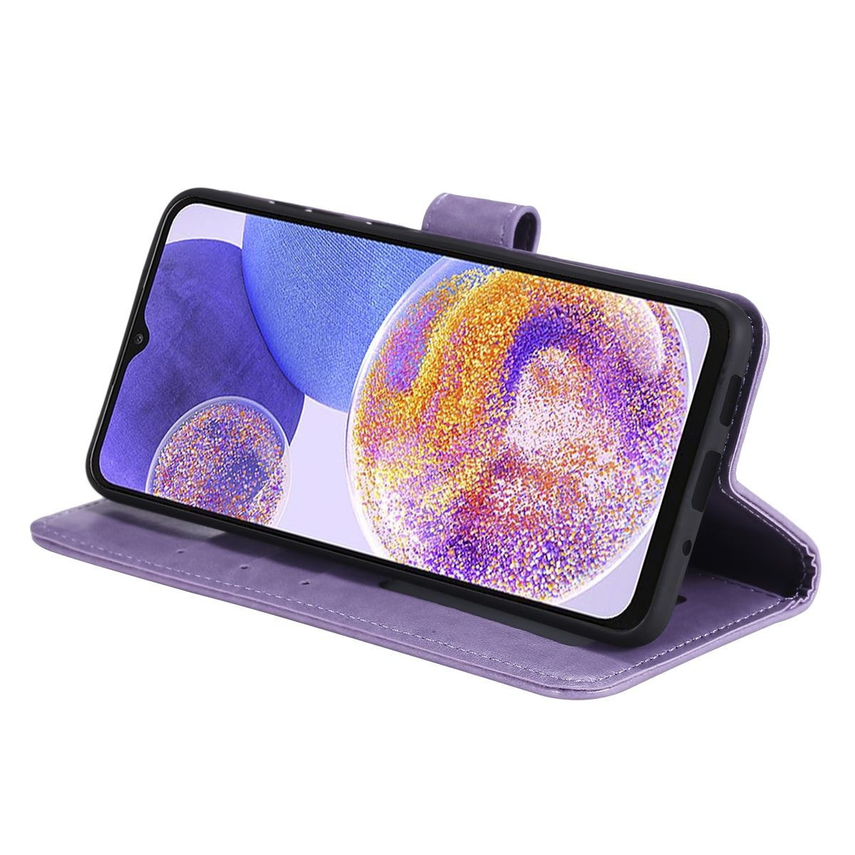 Ein lila Telefon in einer lila Hülle, offen, um den Bildschirm zu zeigen. Das Telefon liegt auf einer weißen Oberfläche.