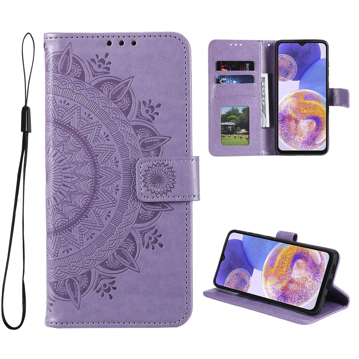 Lila Handyhülle mit Mandala-Design, offen, zeigt Telefon mit abstrakten Formen.