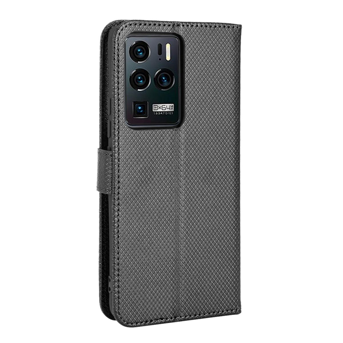Eine graue Handyhülle mit einem Telefon darin. Die Hülle ist geschlossen. Das Telefon hat drei Kameras.
