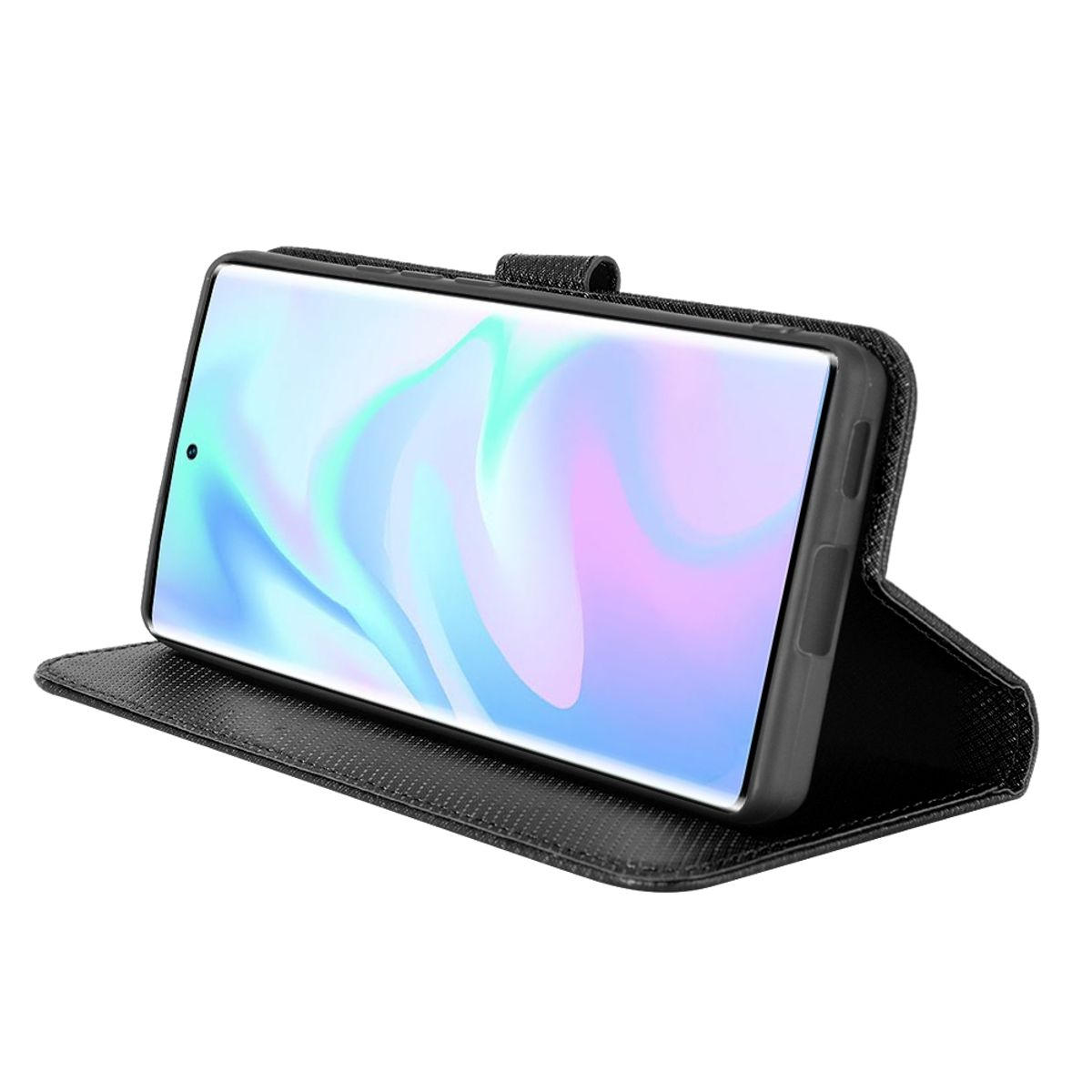 Telefon in schwarzem Etui auf geöffnetem schwarzen Etui.