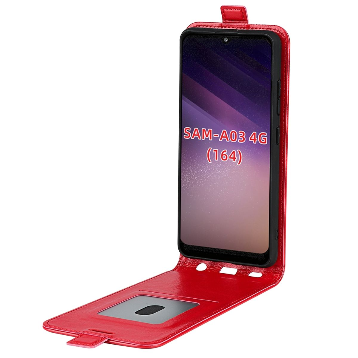 Rote Handyhülle, offen, mit Telefon. Das Telefon zeigt Text an.