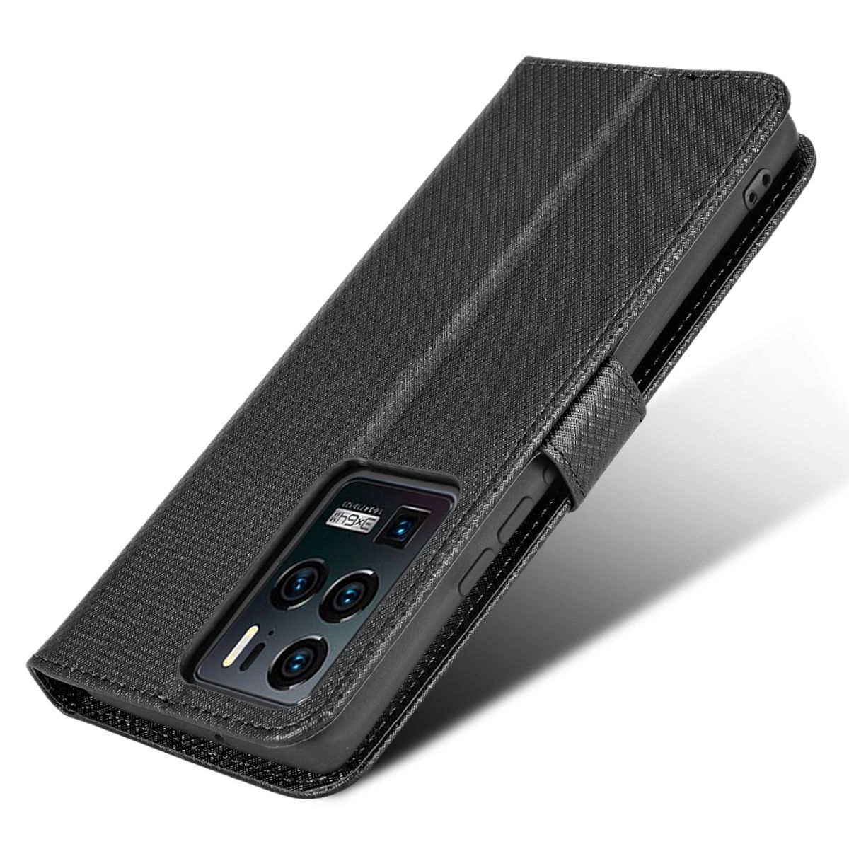 Schwarze Handyhülle mit Telefon im Inneren, geschlossen. Weißer Hintergrund. Die Hülle hat ein strukturiertes Muster.