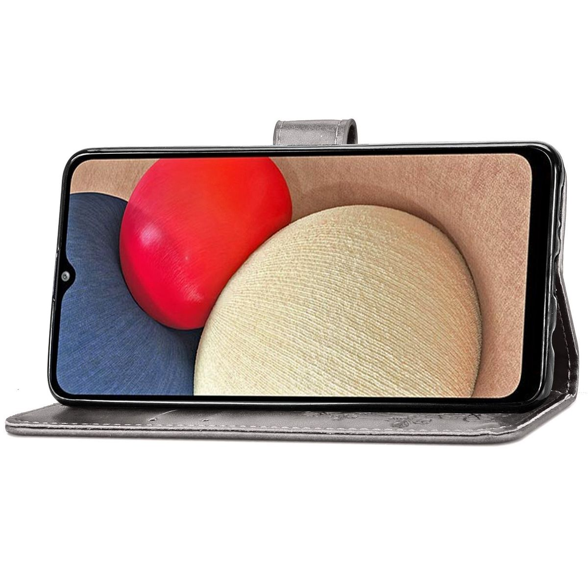Graue Handyhülle mit Telefon. Telefon zeigt abstrakte Kunst mit Rot, Blau und Beige.