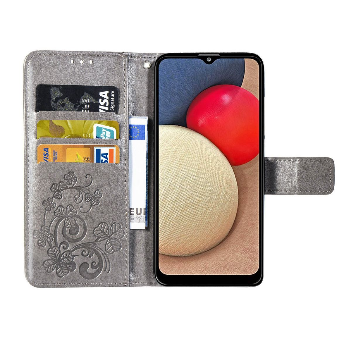 Graue Handyhülle offen, mit Karten und einem sichtbaren Telefon. Karten sind weiß und gelb. Das Telefon hat eine rote Rückseite.