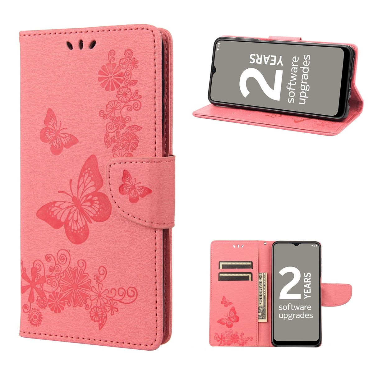 Rosa Handyhülle mit Schmetterlingsdesign und 2 Jahre Software-Upgrade-Text auf dem Bildschirm.