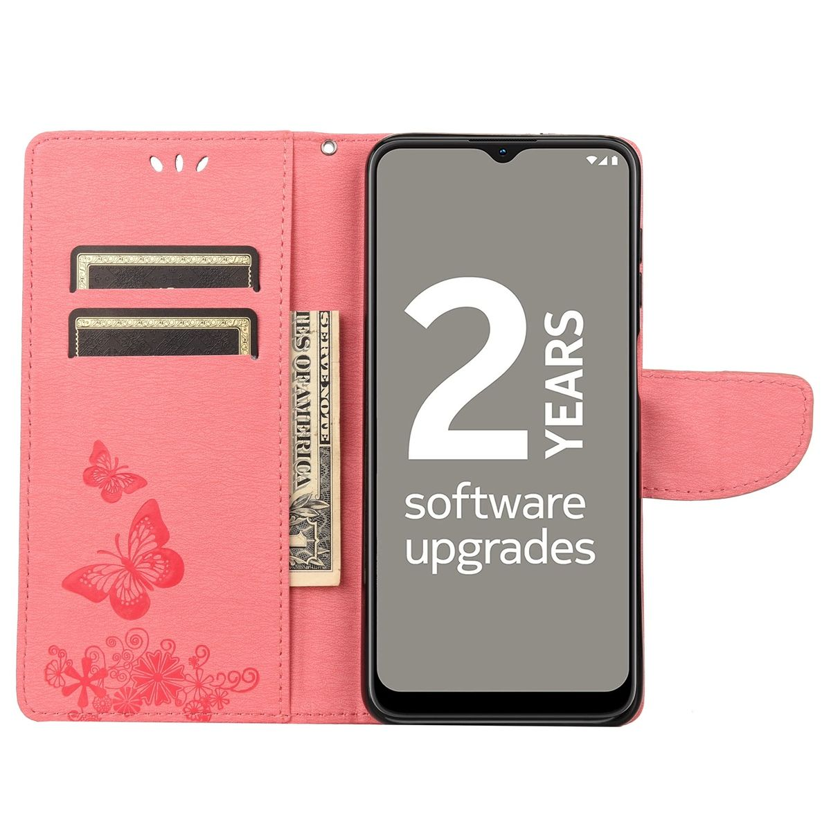 Rosa Handyhülle mit Schmetterlingsdesign, Geld und Telefon mit Software-Upgrades.